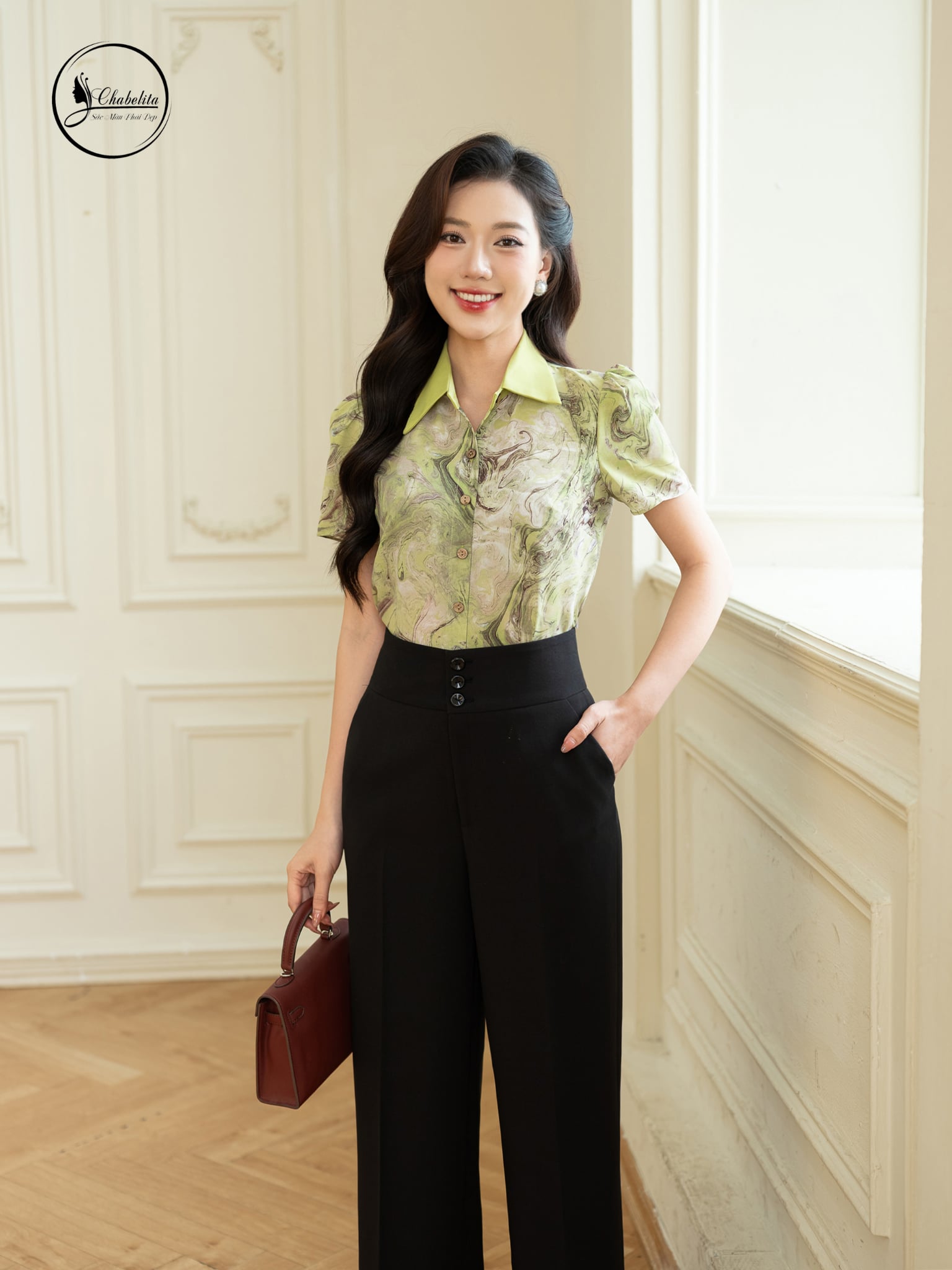 Áo sơ mi họa tiết cổ đức màu cốm