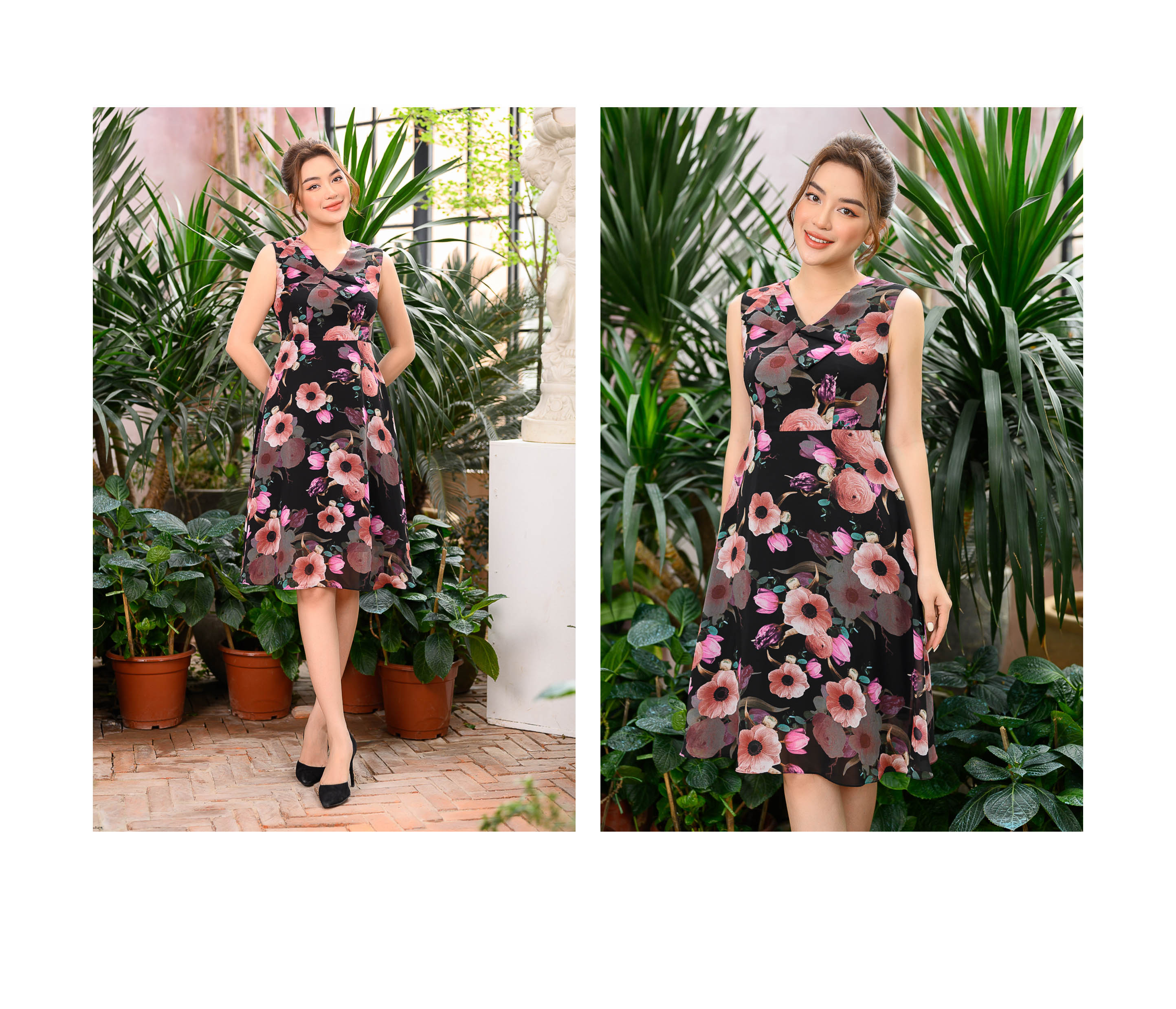 Đầm sát nách nơ ngực hoa 3D