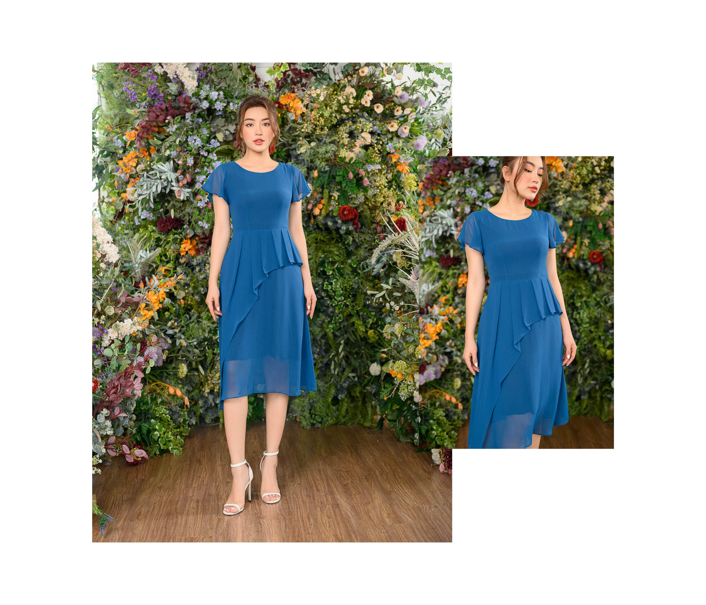 Đầm xếp ly phủ ngoài màu xanh