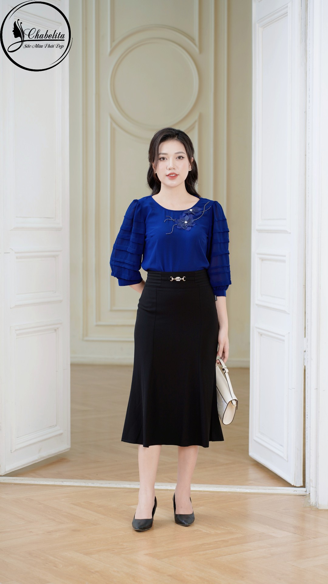 Áo phối tay thuê hoa màu xanh than