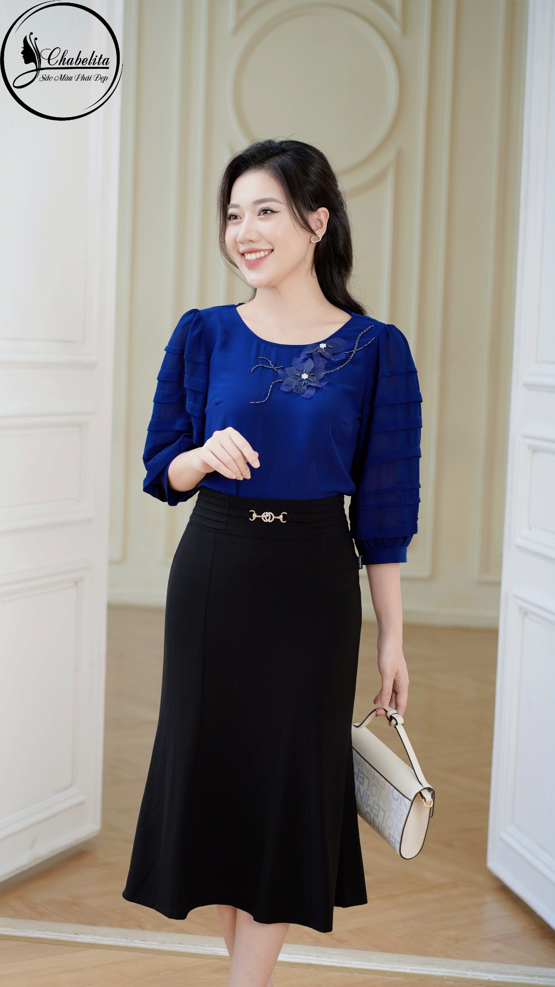 Áo phối tay thuê hoa màu xanh than