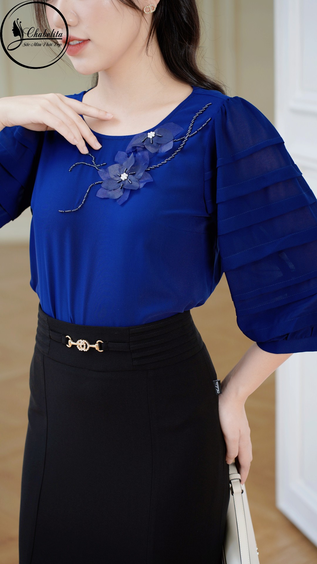 Áo phối tay thuê hoa màu xanh than