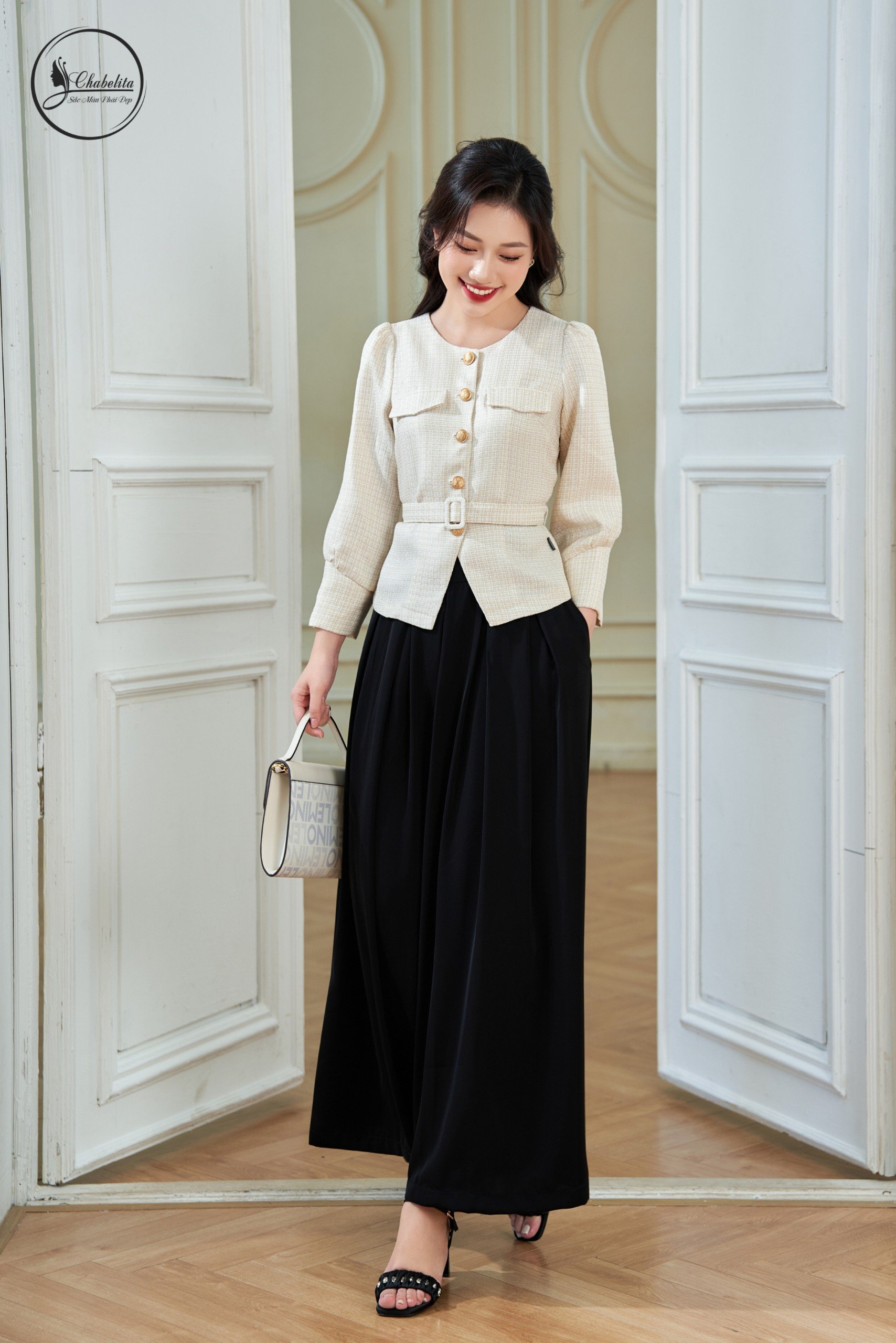 Áo ký giả đai eo màu be