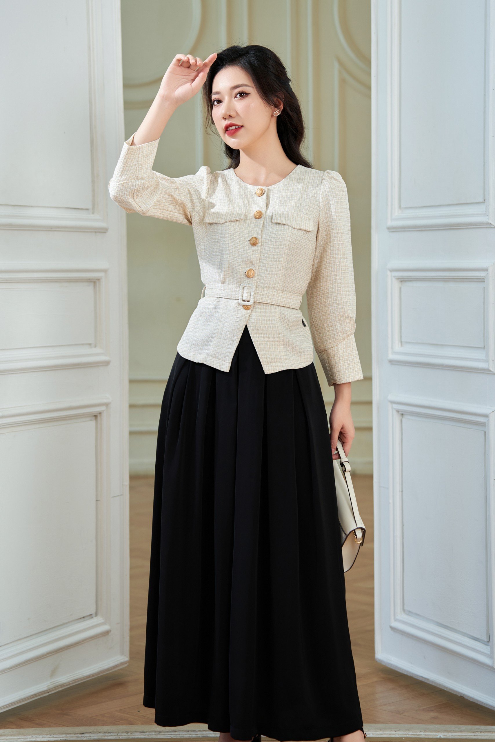 Áo ký giả đai eo màu be