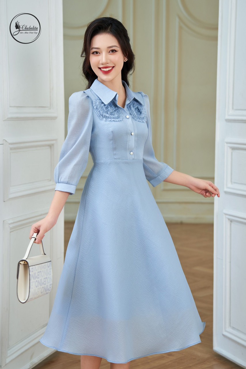 Đầm cổ đức cuốn hoa màu xanh