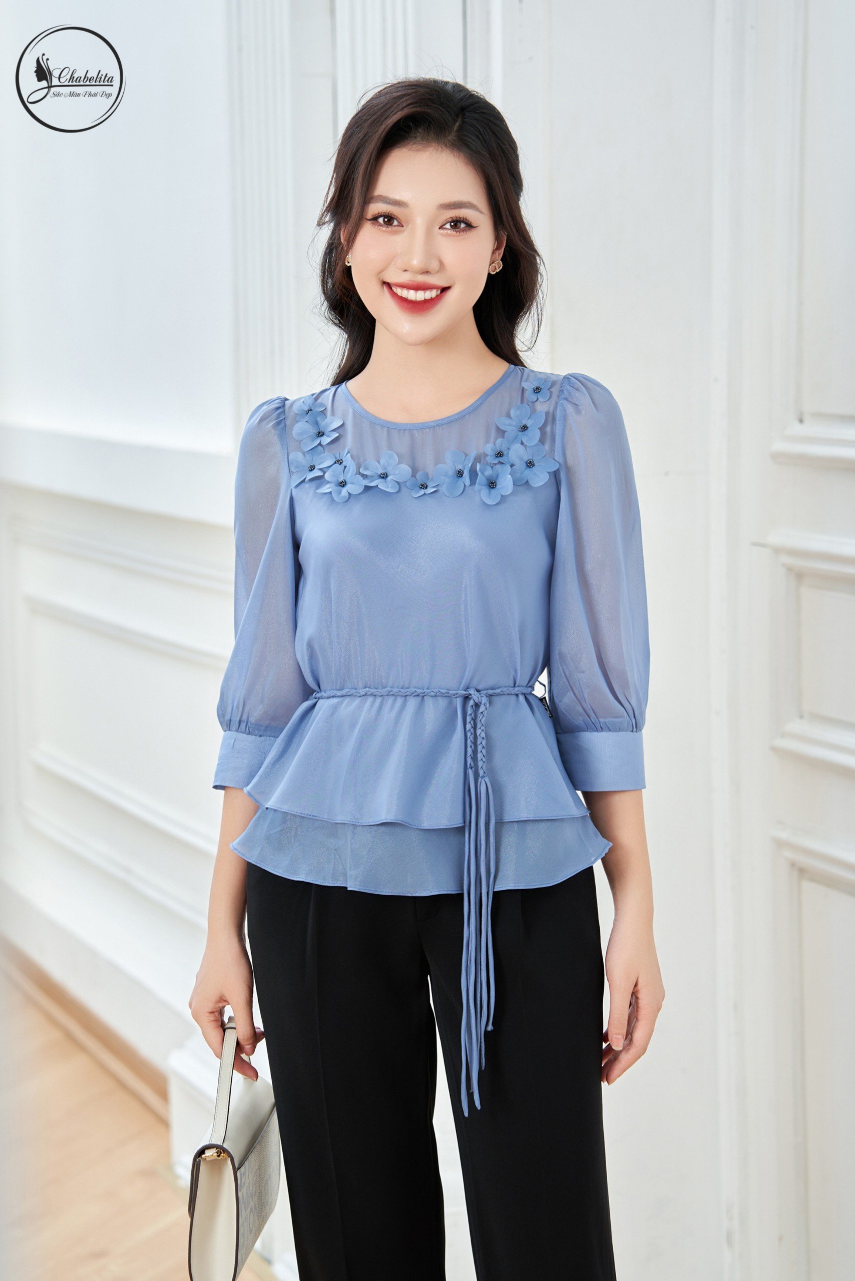 Áo sơ mi thuê hoa có dây eo màu xanh