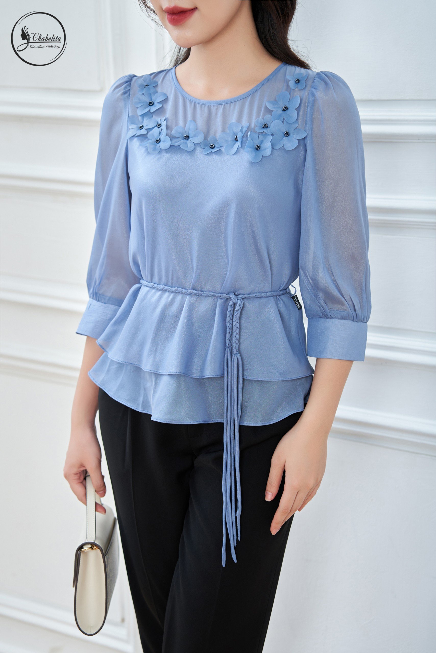 Áo sơ mi thuê hoa có dây eo màu xanh