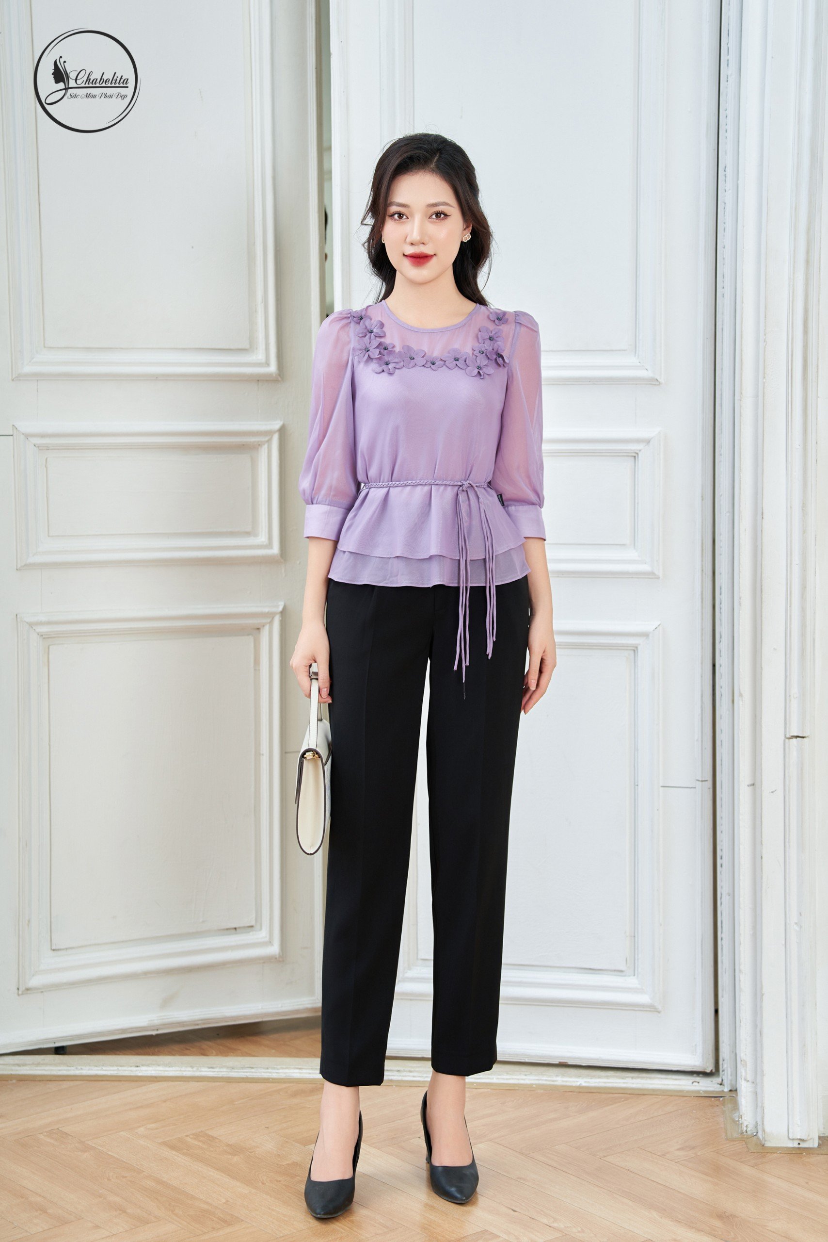 Áo sơ mi thuê hoa có dây eo màu tím