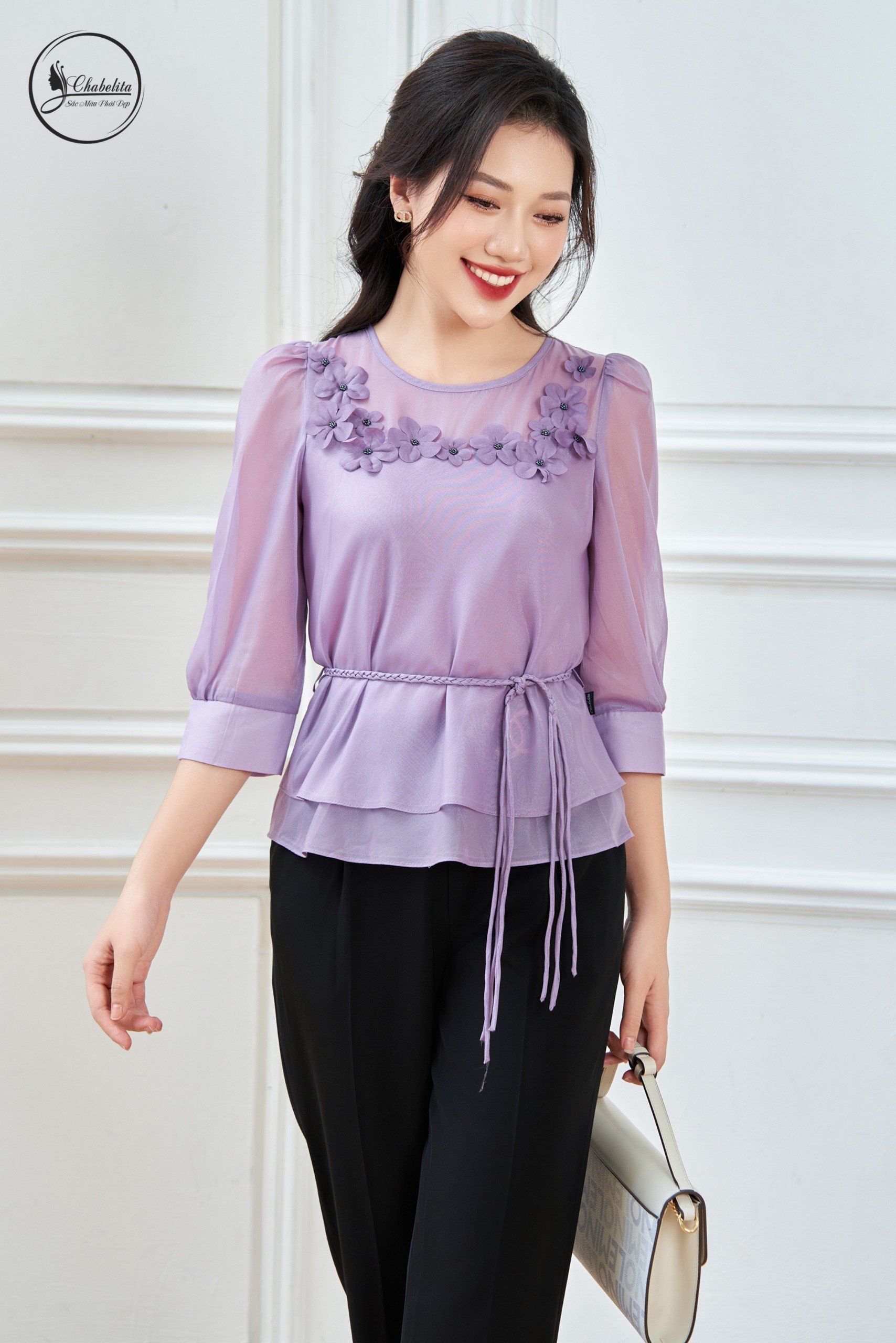 Áo sơ mi thuê hoa có dây eo màu tím