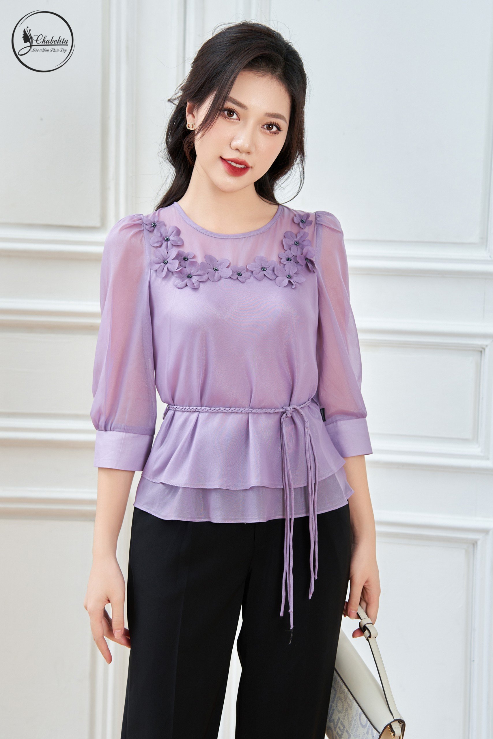 Áo sơ mi thuê hoa có dây eo màu tím