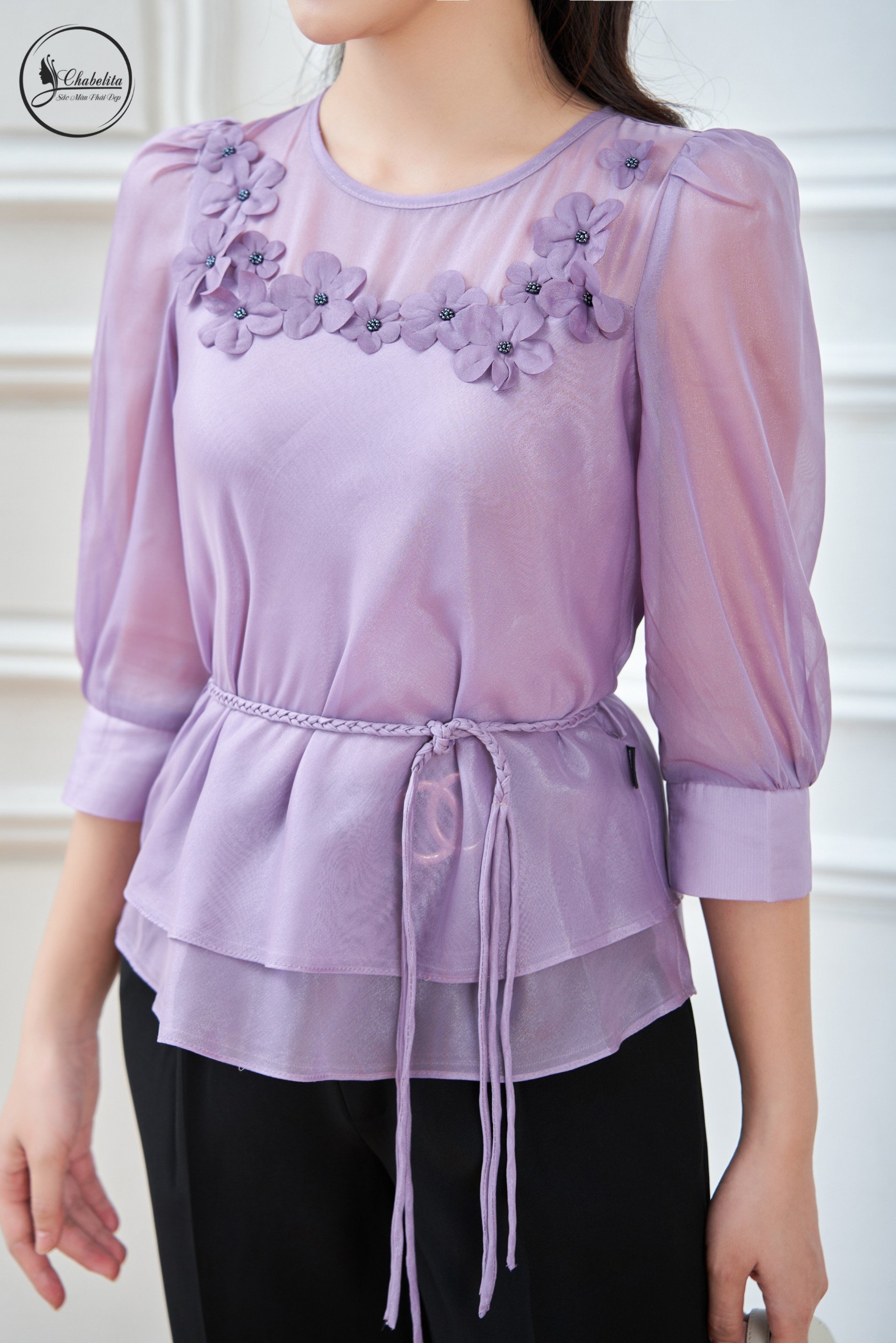 Áo sơ mi thuê hoa có dây eo màu tím