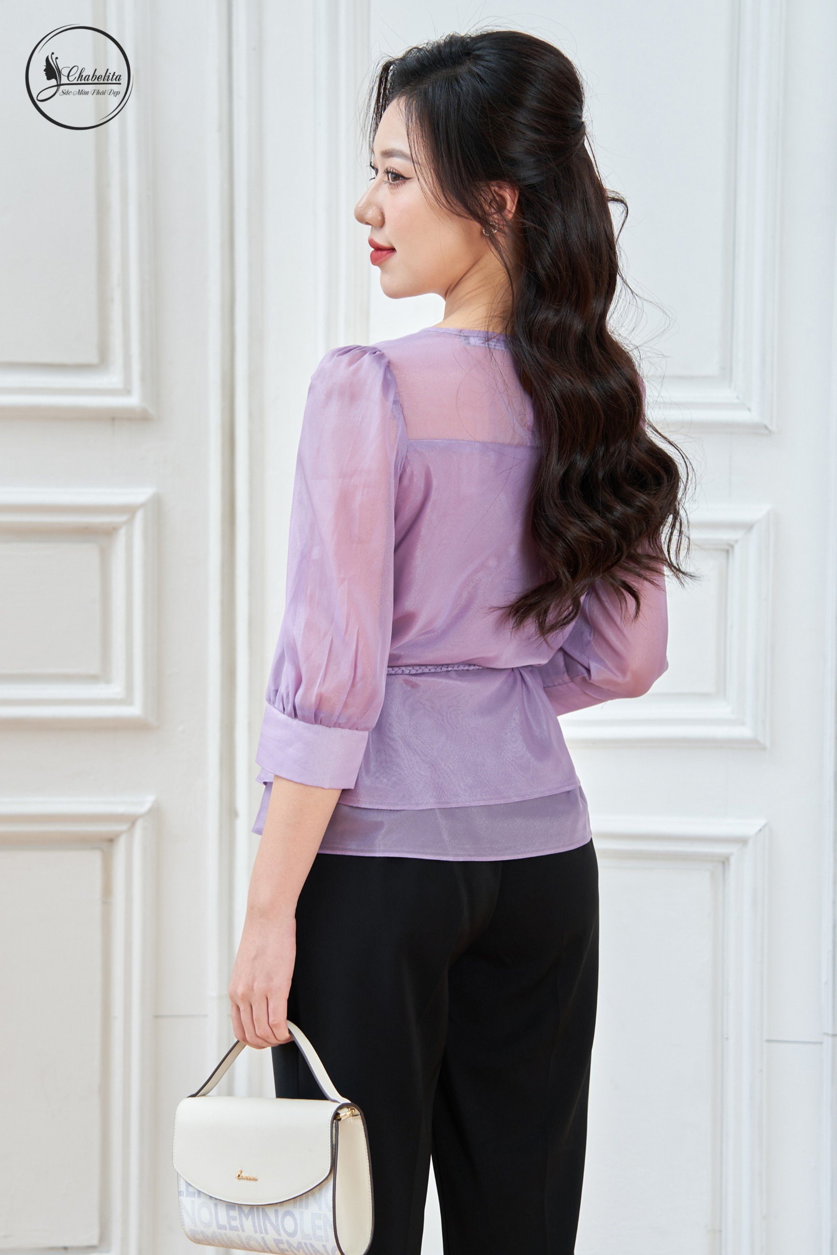 Áo sơ mi thuê hoa có dây eo màu tím