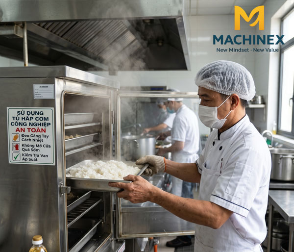 Sử dụng tủ hấp cơm cơm công nghiệp an toàn