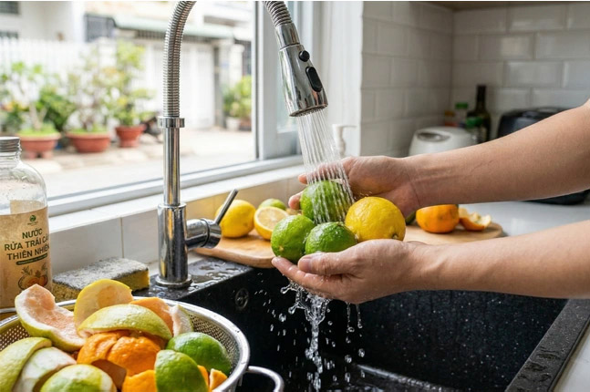 rửa hoa quả trái cây sấy