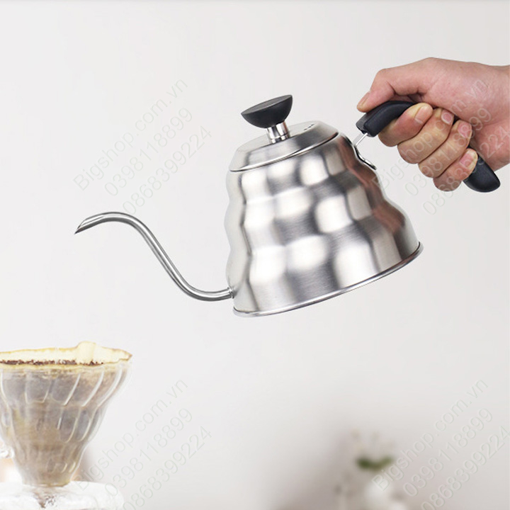 Ấm pha cà phê cổ ngỗng 1000ml làm bằng Inox 304 cao cấp, nắp có nhiệt kế