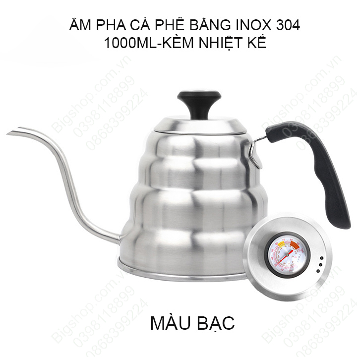 Ấm pha cà phê cổ ngỗng 1000ml làm bằng Inox 304 cao cấp, nắp có nhiệt kế