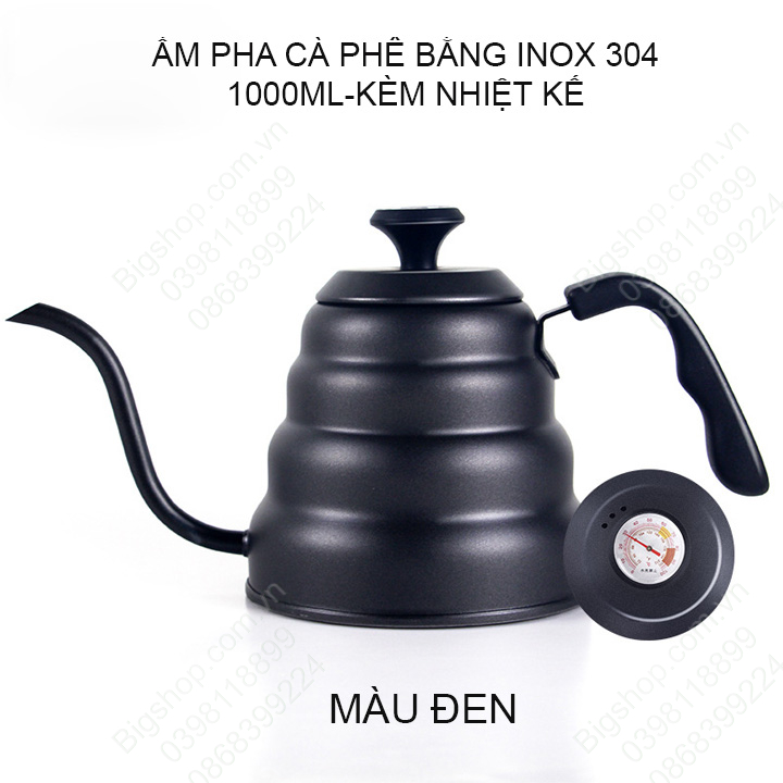 Ấm pha cà phê cổ ngỗng 1000ml làm bằng Inox 304 cao cấp, nắp có nhiệt kế