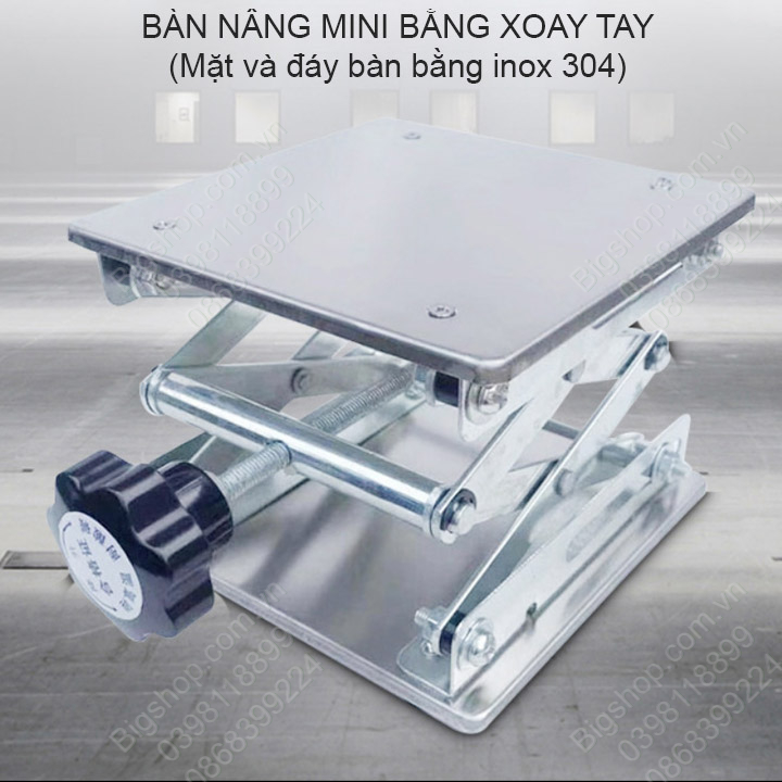 Bàn nâng mini dùng tay vặn, mặt và đáy bằng inox 304, loại 200x200mm