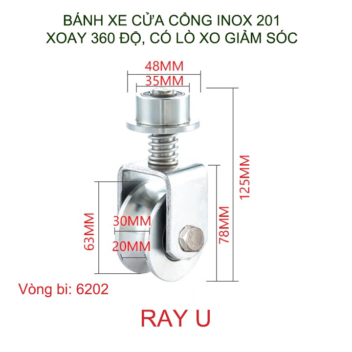Bánh xe cho cửa cổng trượt, lùa bằng inox 201, loại có lò xo, xoay 360 độ, Kích thước 30x63mm