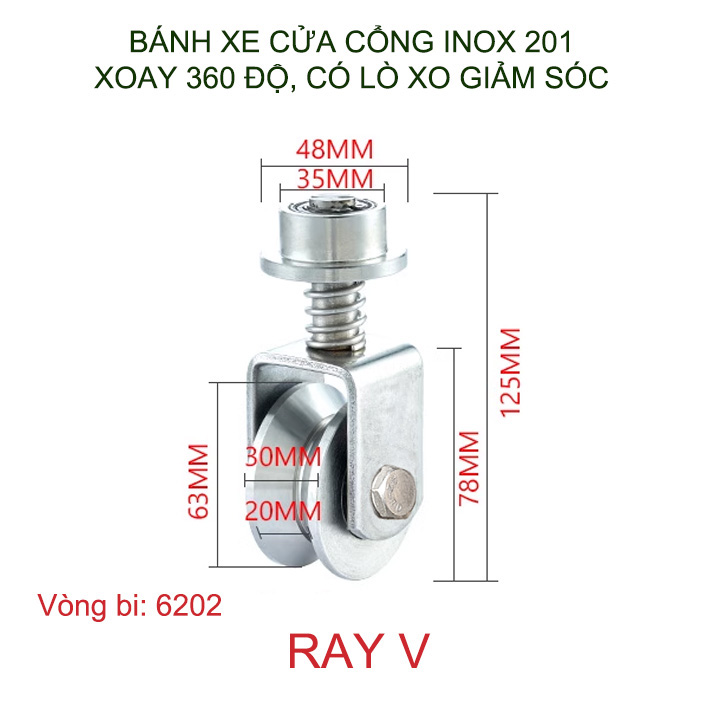 Bánh xe cho cửa cổng trượt, lùa bằng inox 201, loại có lò xo, xoay 360 độ, Kích thước 30x63mm