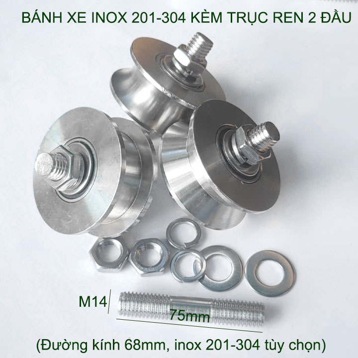 01 Bánh xe cho cửa cổng trượt, cửa lùa kèm trục ren 2 đầu, bằng inox 201-304, loại 22x68mm, Hình U, V, H tùy chọn