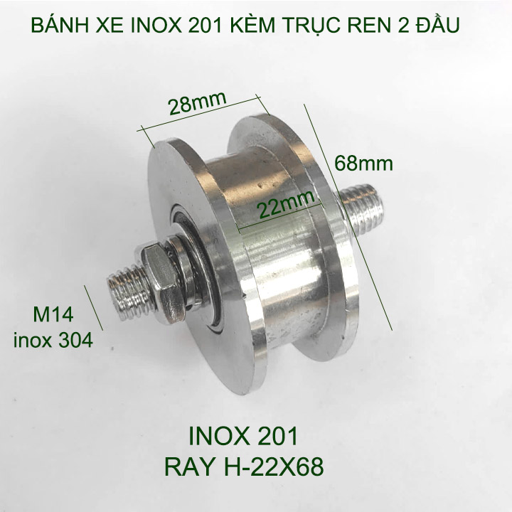 01 Bánh xe cho cửa cổng trượt, cửa lùa kèm trục ren 2 đầu, bằng inox 201-304, loại 22x68mm, Hình U, V, H tùy chọn