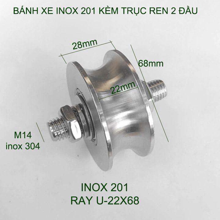 01 Bánh xe cho cửa cổng trượt, cửa lùa kèm trục ren 2 đầu, bằng inox 201-304, loại 22x68mm, Hình U, V, H tùy chọn