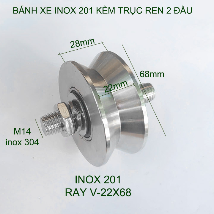 01 Bánh xe cho cửa cổng trượt, cửa lùa kèm trục ren 2 đầu, bằng inox 201-304, loại 22x68mm, Hình U, V, H tùy chọn