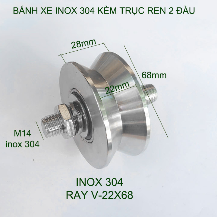 01 Bánh xe cho cửa cổng trượt, cửa lùa kèm trục ren 2 đầu, bằng inox 201-304, loại 22x68mm, Hình U, V, H tùy chọn