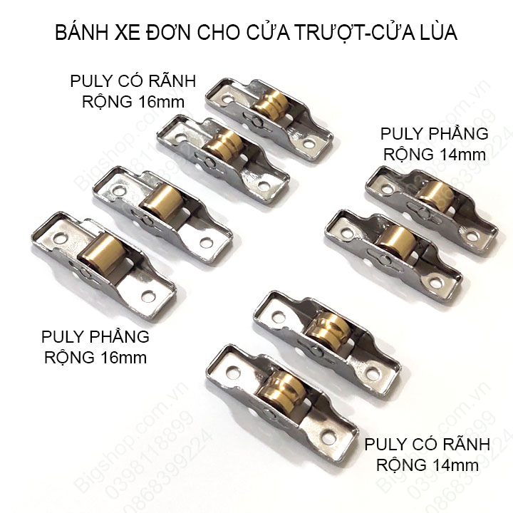 Combo 2 bánh xe đơn cho cửa trượt-cửa lùa, bề rộng 14-16mm, bằng inox và hợp kim đồng, dùng cho cửa nhựa, nhôm