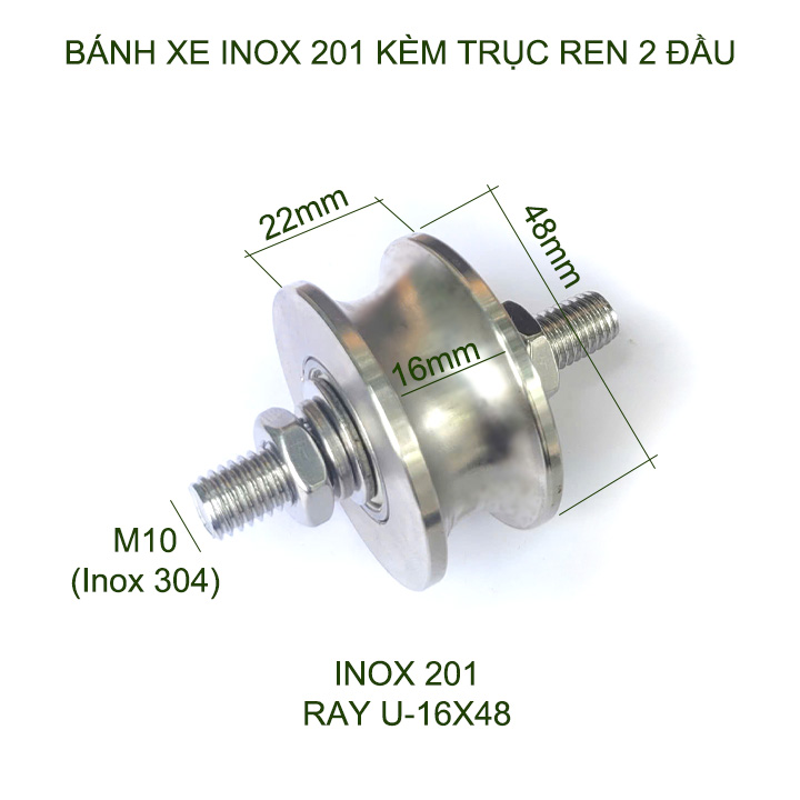 01 Bánh xe cho cửa cổng trượt, cửa lùa kèm trục ren 2 đầu, bằng inox 201-304, loại 16x48mm, Hình U, V, H tùy chọn