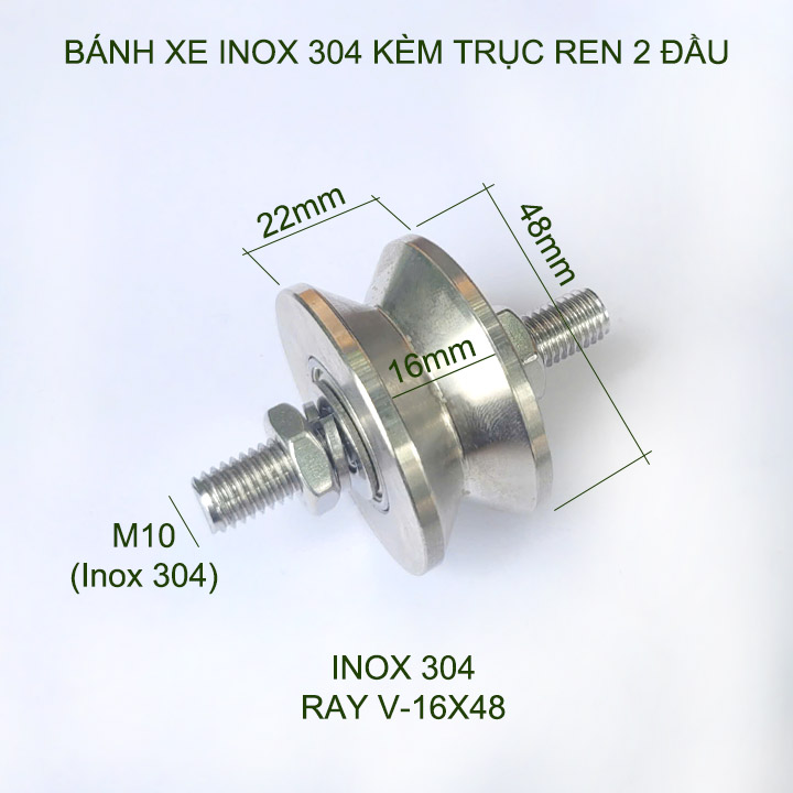 01 Bánh xe cho cửa cổng trượt, cửa lùa kèm trục ren 2 đầu, bằng inox 201-304, loại 16x48mm, Hình U, V, H tùy chọn