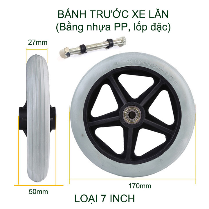 01 Bánh trước xe lăn kèm trục, bằng nhựa, lốp đặc, loại 6-7-8 inch tùy chọn, kèm trục