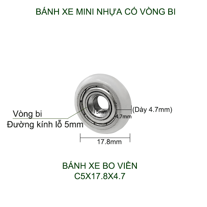 Bộ 05 Bánh xe nhựa mini có vòng bi (bạc đạn), dùng cho cửa trượt-lùa đa năng, nhiều loại tùy chọn