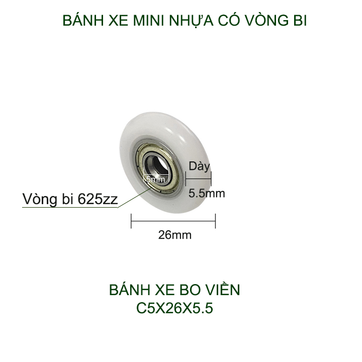 Bộ 05 Bánh xe nhựa mini có vòng bi (bạc đạn), dùng cho cửa trượt-lùa đa năng, nhiều loại tùy chọn