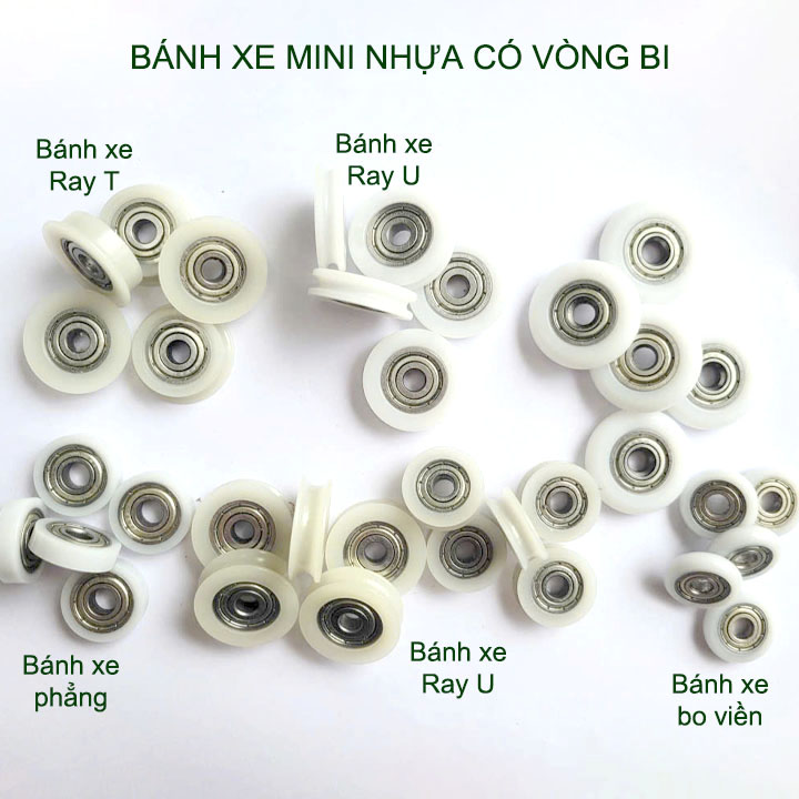 Bộ 05 Bánh xe nhựa mini có vòng bi (bạc đạn), dùng cho cửa trượt-lùa đa năng, nhiều loại tùy chọn