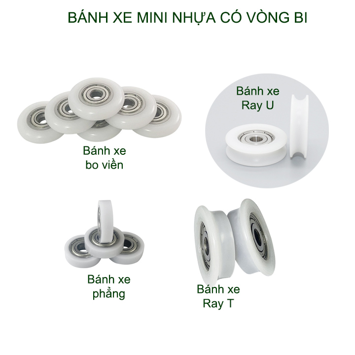 Bộ 05 Bánh xe nhựa mini có vòng bi (bạc đạn), dùng cho cửa trượt-lùa đa năng, nhiều loại tùy chọn
