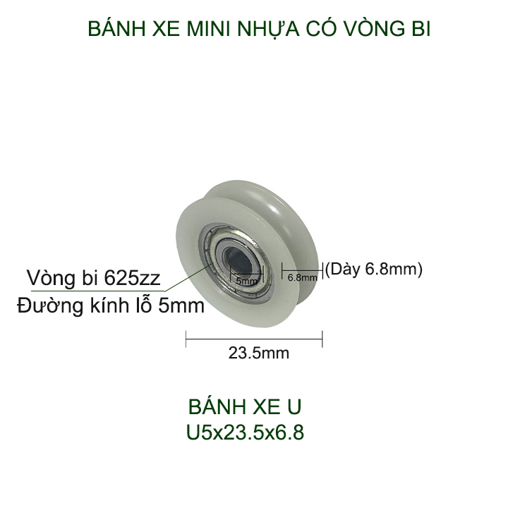 Bộ 05 Bánh xe nhựa mini có vòng bi (bạc đạn), dùng cho cửa trượt-lùa đa năng, nhiều loại tùy chọn