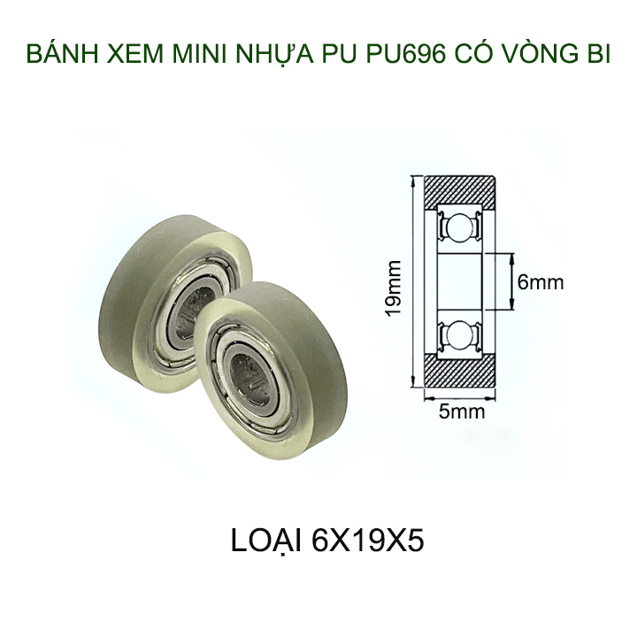 Bộ 05 Bánh xe nhựa PU mềm dẻo mini có vòng bi (bạc đạn), dùng cho cửa trượt-lùa đa năng, nhiều cỡ