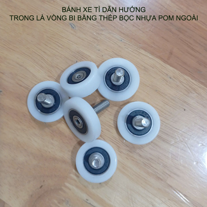 Bộ 2 bánh xe tì dẫn hướng cho cửa trượt nhựa POM, trong có vòng bi và trục ren inox 304 (Nhiều cỡ tùy chọn)