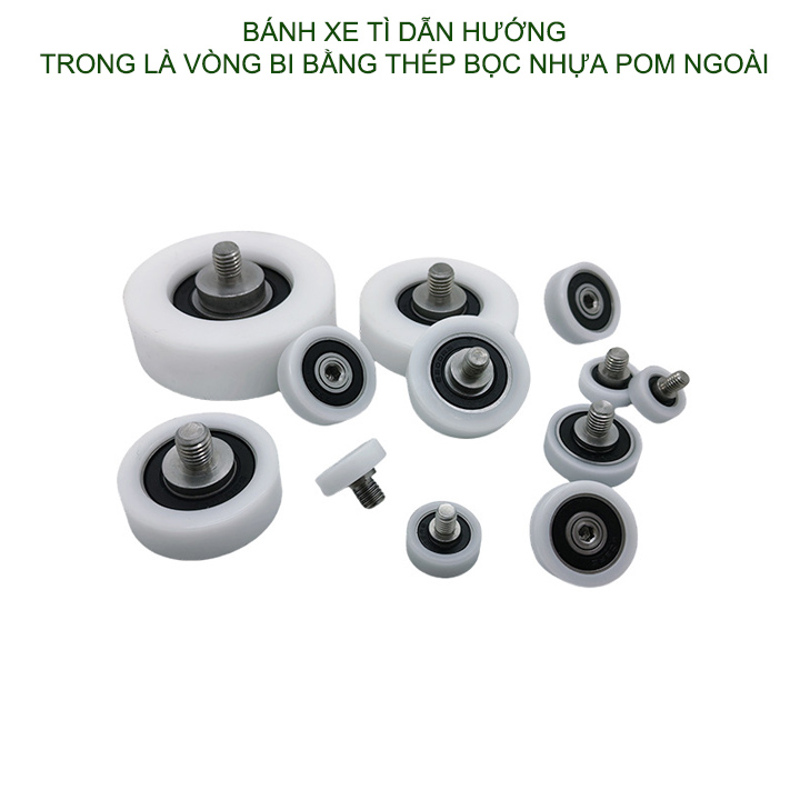 Bộ 2 bánh xe tì dẫn hướng cho cửa trượt nhựa POM, trong có vòng bi và trục ren inox 304 (Nhiều cỡ tùy chọn)