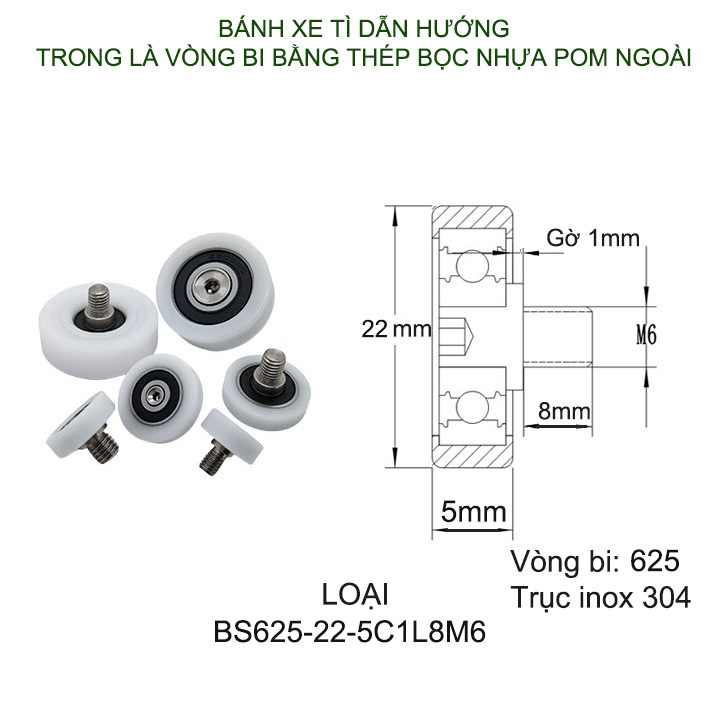 Bộ 2 bánh xe tì dẫn hướng cho cửa trượt nhựa POM, trong có vòng bi và trục ren inox 304 (Nhiều cỡ tùy chọn)