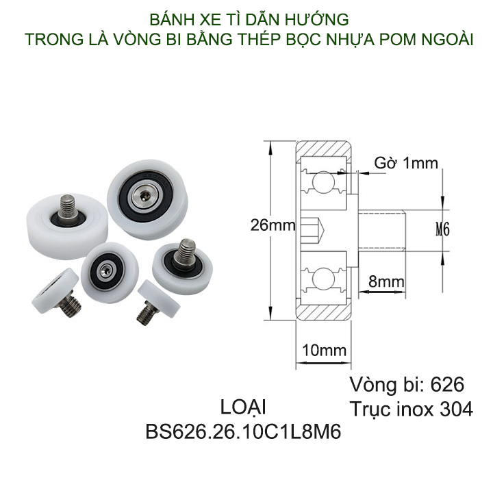 Bộ 2 bánh xe tì dẫn hướng cho cửa trượt nhựa POM, trong có vòng bi và trục ren inox 304 (Nhiều cỡ tùy chọn)