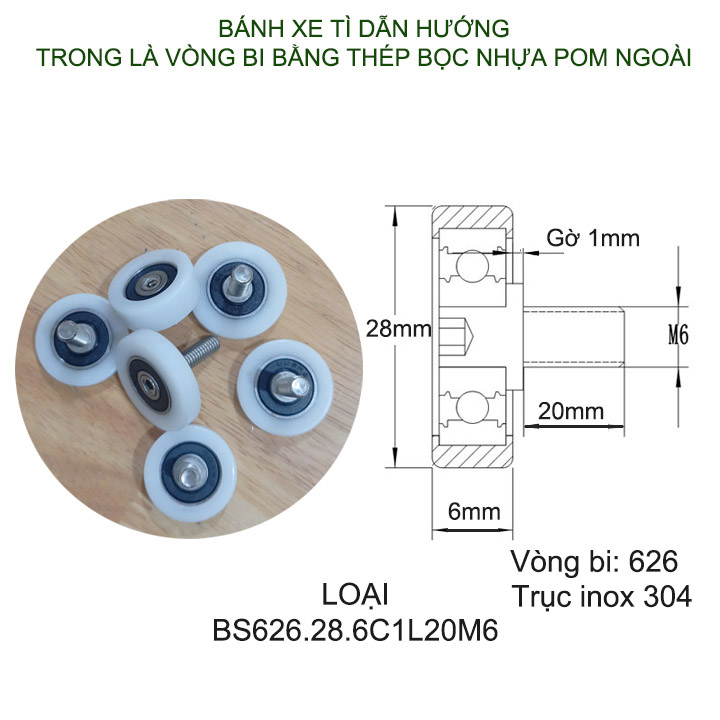 Bộ 2 bánh xe tì dẫn hướng cho cửa trượt nhựa POM, trong có vòng bi và trục ren inox 304 (Nhiều cỡ tùy chọn)