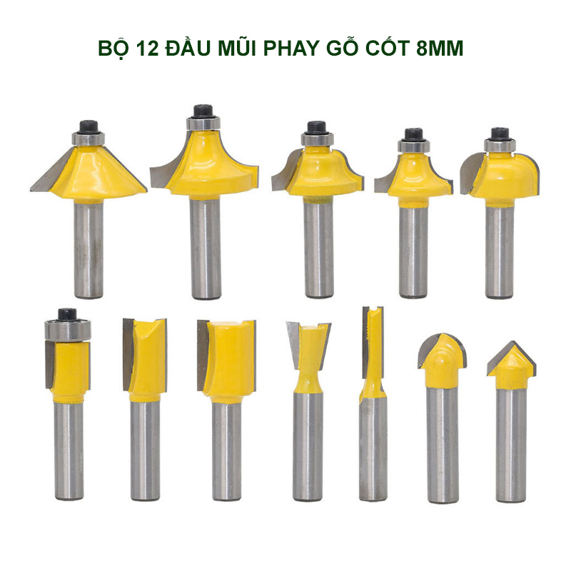 Bộ 12 mũi phay soi gỗ các loại cốt 8mm