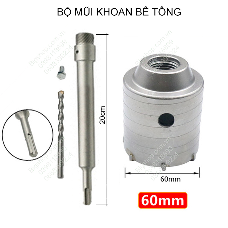 Mũi khoan khoét lỗ tường bê tông, tường gạch, cán dài 20cm, đủ bộ hoặc từng phụ kiện