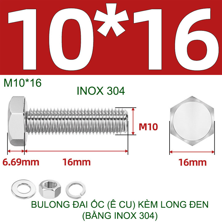 Combo 3-10 bulong đai ốc (Ê cu) bằng inox 304, có kèm long đen phẳng và kênh M6-M8-M10-M12 tùy chọn