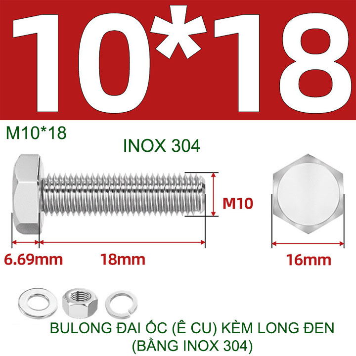 Combo 3-10 bulong đai ốc (Ê cu) bằng inox 304, có kèm long đen phẳng và kênh M6-M8-M10-M12 tùy chọn