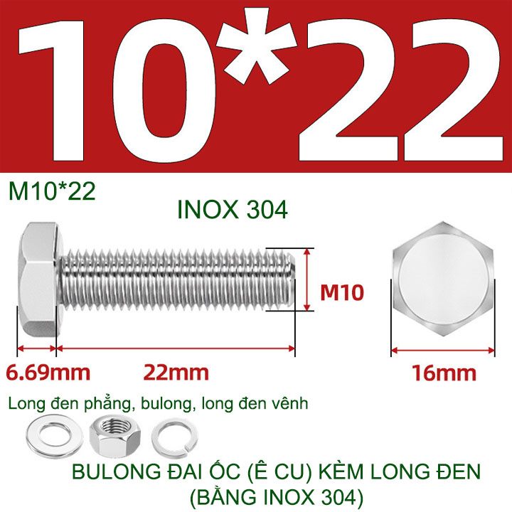 Combo 3-10 bulong đai ốc (Ê cu) bằng inox 304, có kèm long đen phẳng và kênh M6-M8-M10-M12 tùy chọn