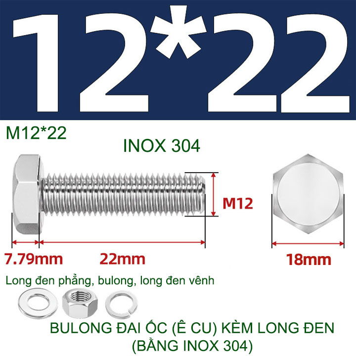 Combo 3-10 bulong đai ốc (Ê cu) bằng inox 304, có kèm long đen phẳng và kênh M6-M8-M10-M12 tùy chọn